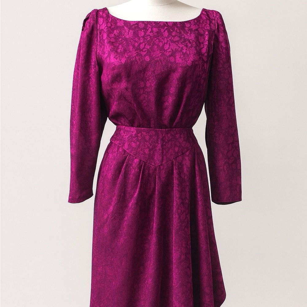 Vintage Fuchsia 80s Satin Brocade Party Long Sleeve Dress w/ Draped Back Detail